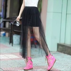 Women Elegant Midi Black Skirts Fashion High Waist Casual Tulle Skirt - Medium